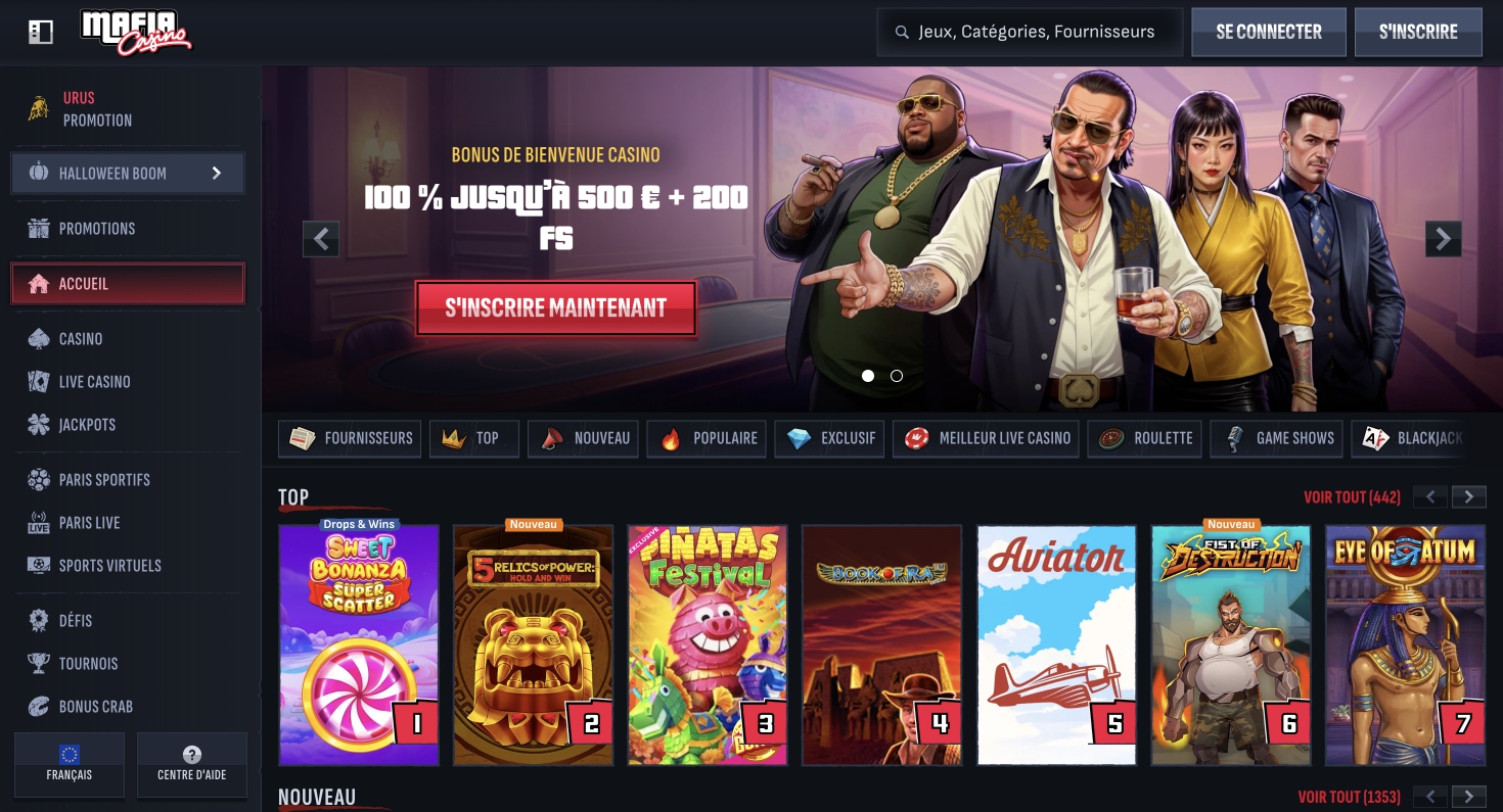 Bonus de bienvenue casino - 100% jusqu'à 500€ + 200 FS